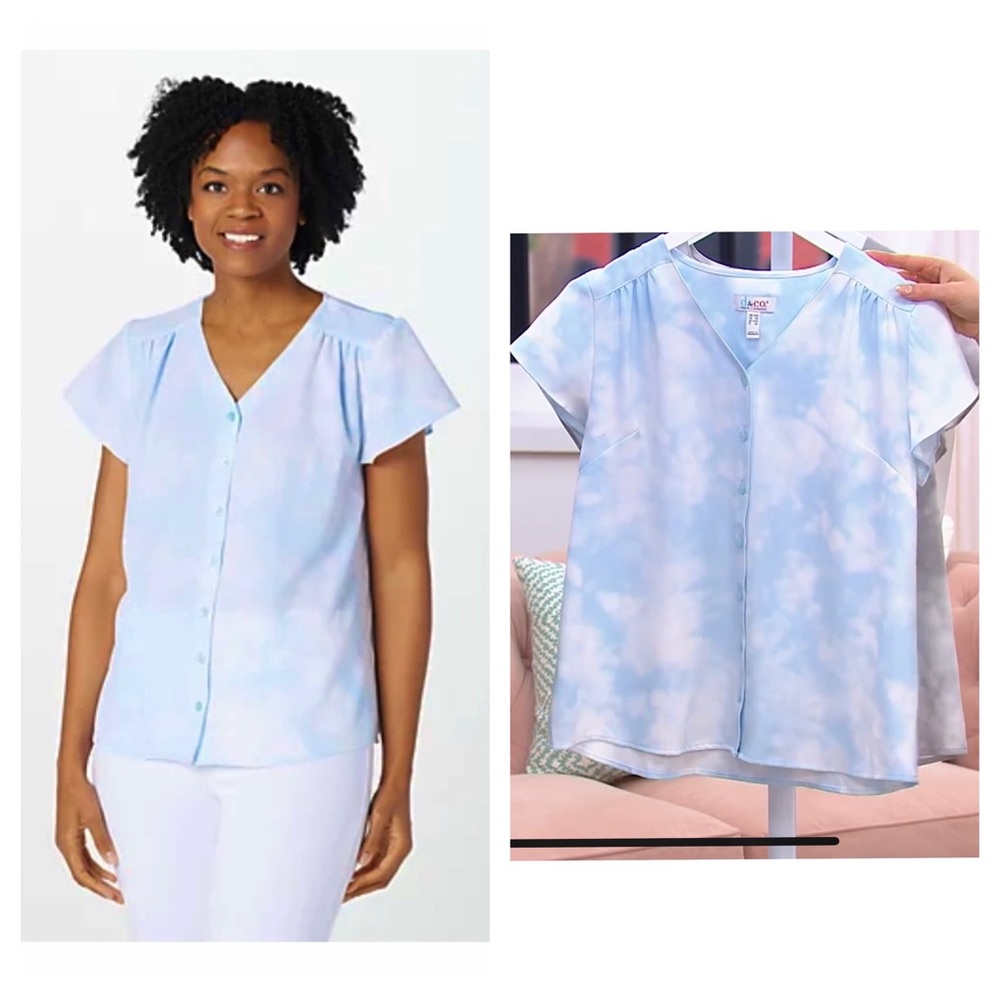 NWT Denim & Co. Printed Button-Front Flutter-Sleeve Blouse, Size M